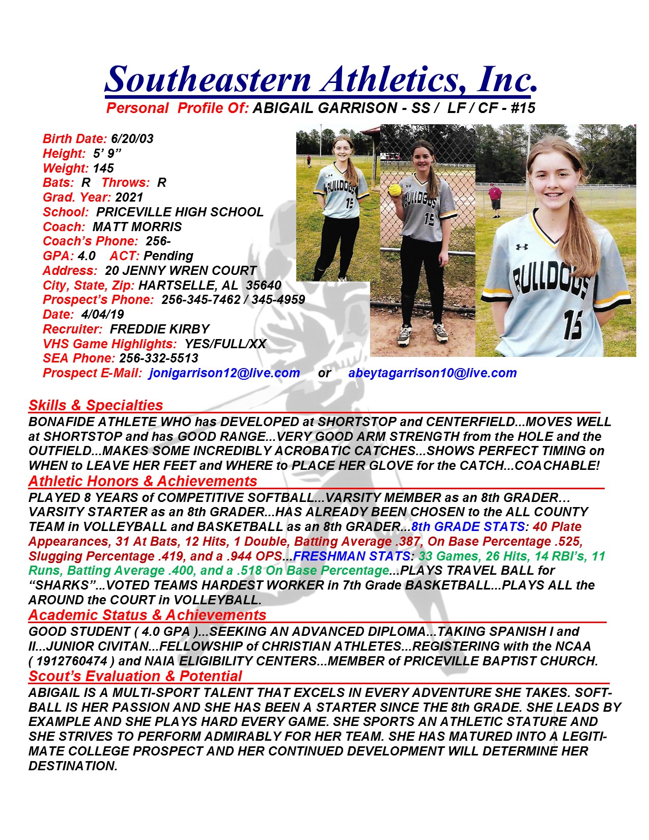 Abigail Garrison, 2021, SS / CF / LF, Priceville HS, AL Southeastern